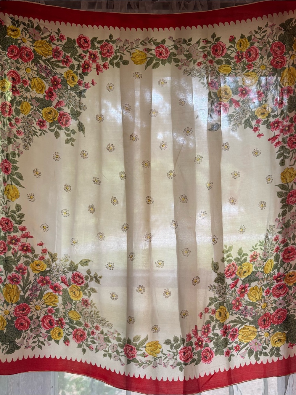 Vintage Carol Stanley Mid Century 100% Silk Floral Red, Yellow & Green Scarf